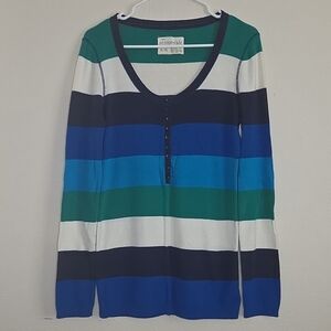 Aeropostale Y2K Blue, Green & White Striped Henley Long Sleeve Top